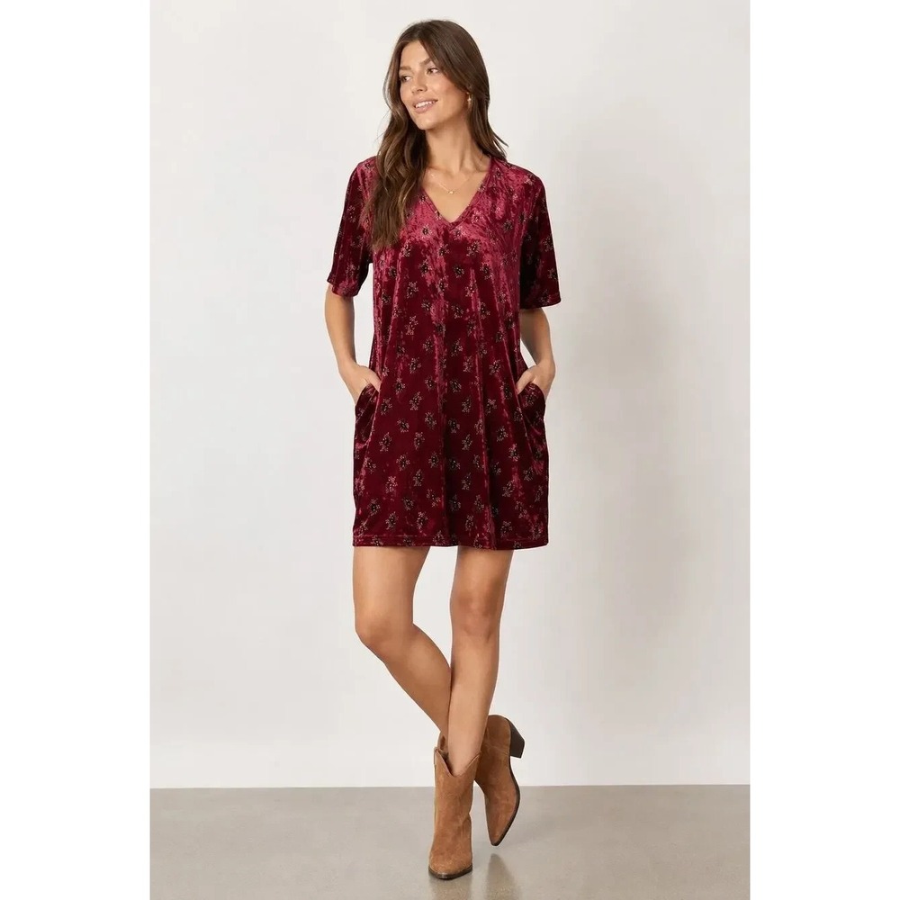 Natural Life Velvet Dress Size M Burgundy Floral V-Neck Pockets Shift Boho